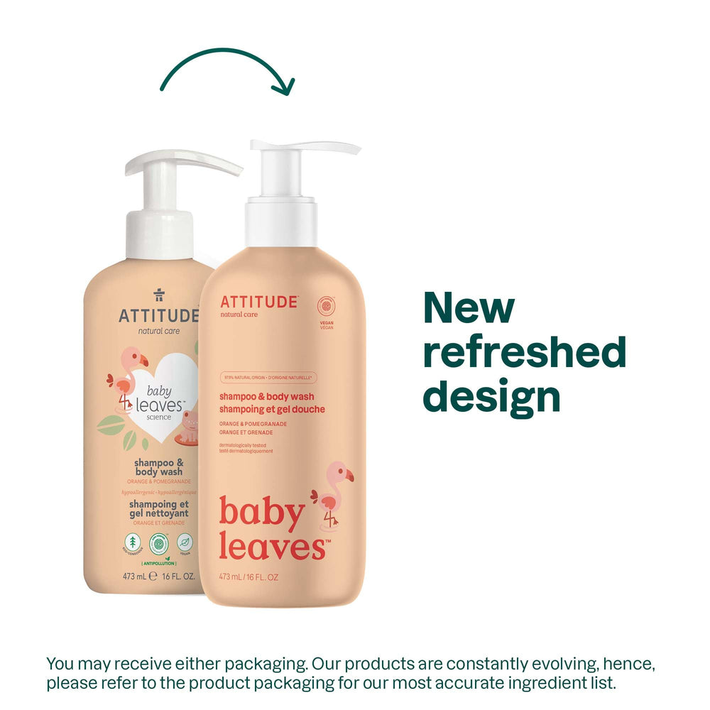 ATTITUDE baby 2-in-1 shampoo and body wash orange-pomegranate label—clean, plant-based formula.