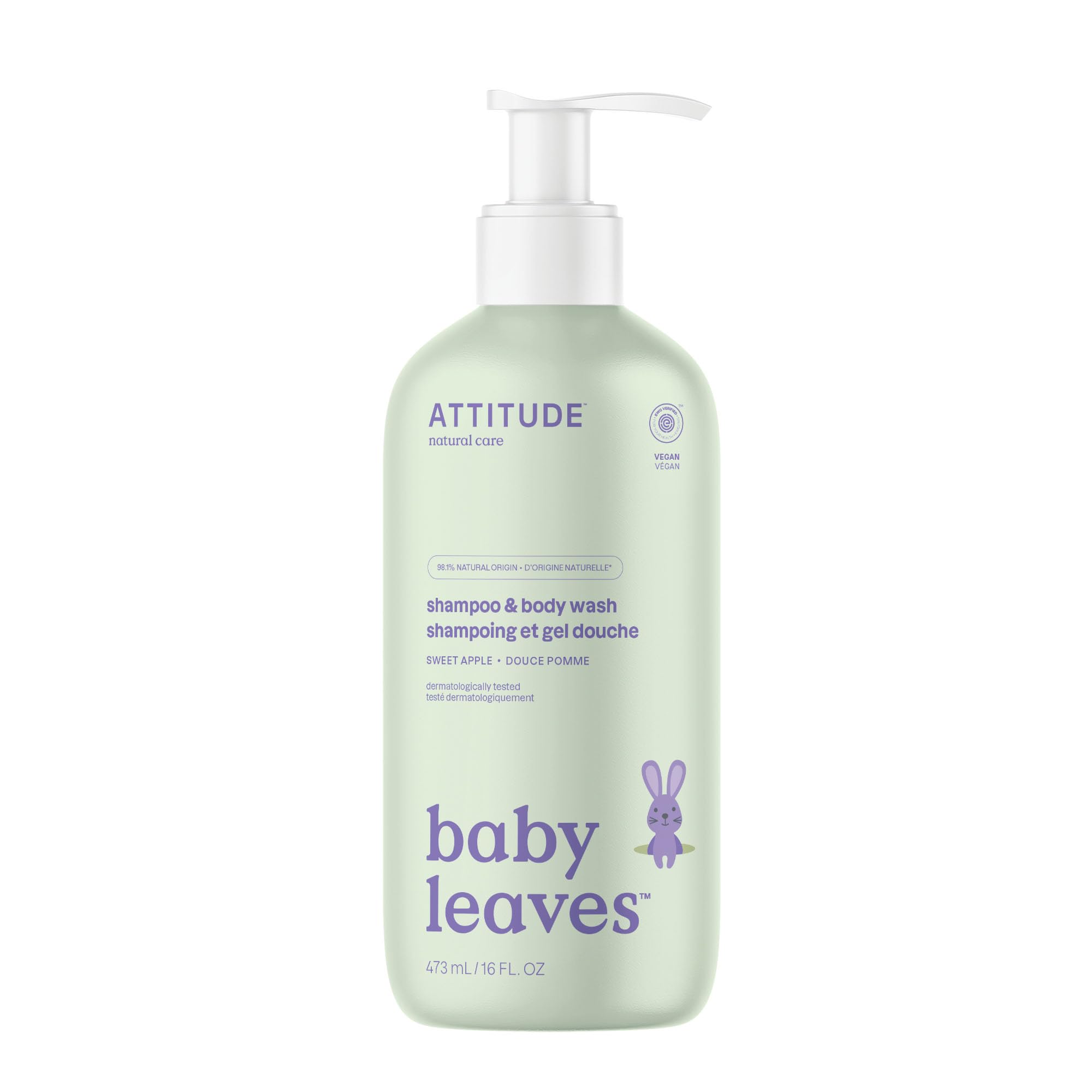 ATTITUDE Baby 2-in-1 shampoo bottle highlights clean ingredients for gentle cleansing