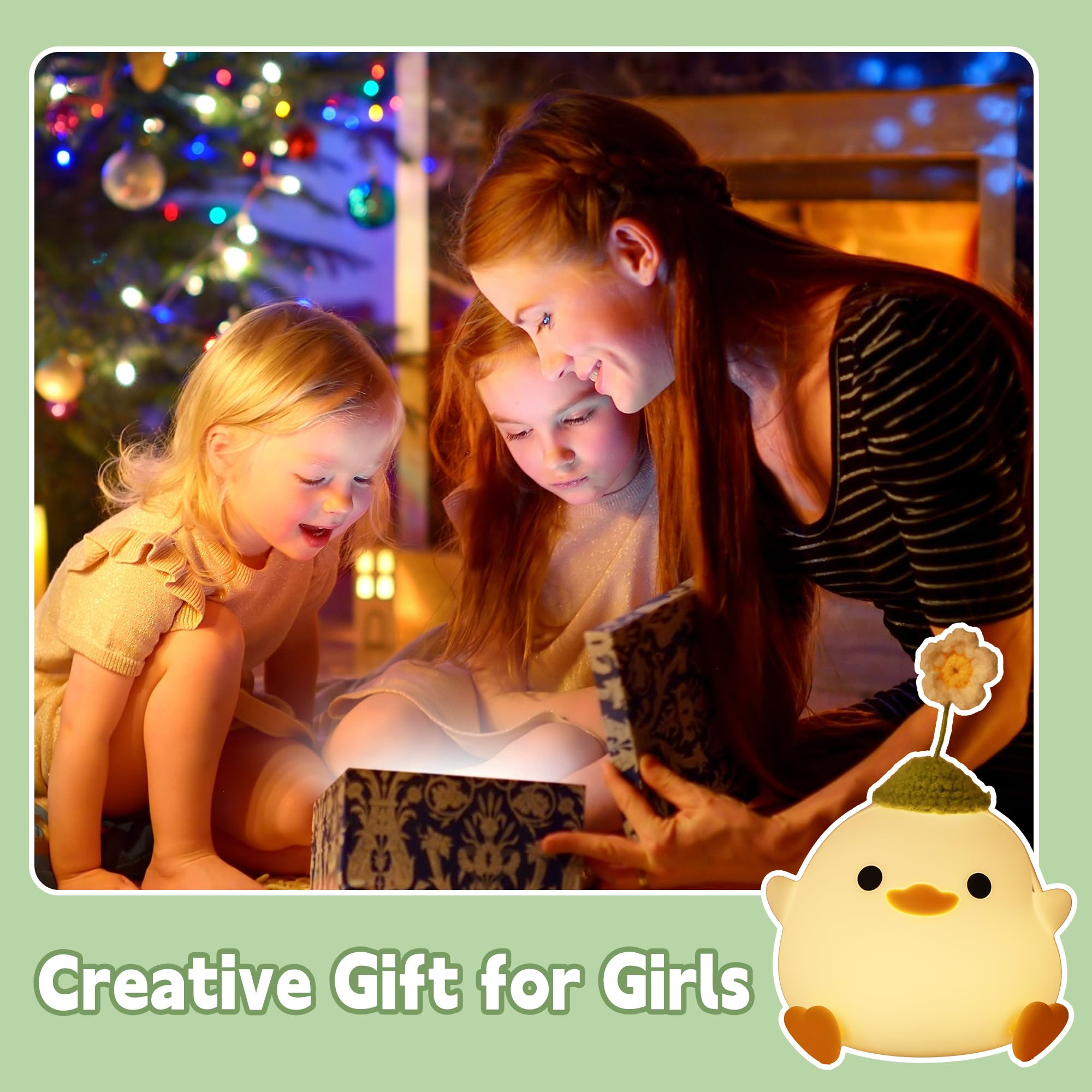 Attivolife duck night light with flower hat portable USB rechargeable for bedside use.