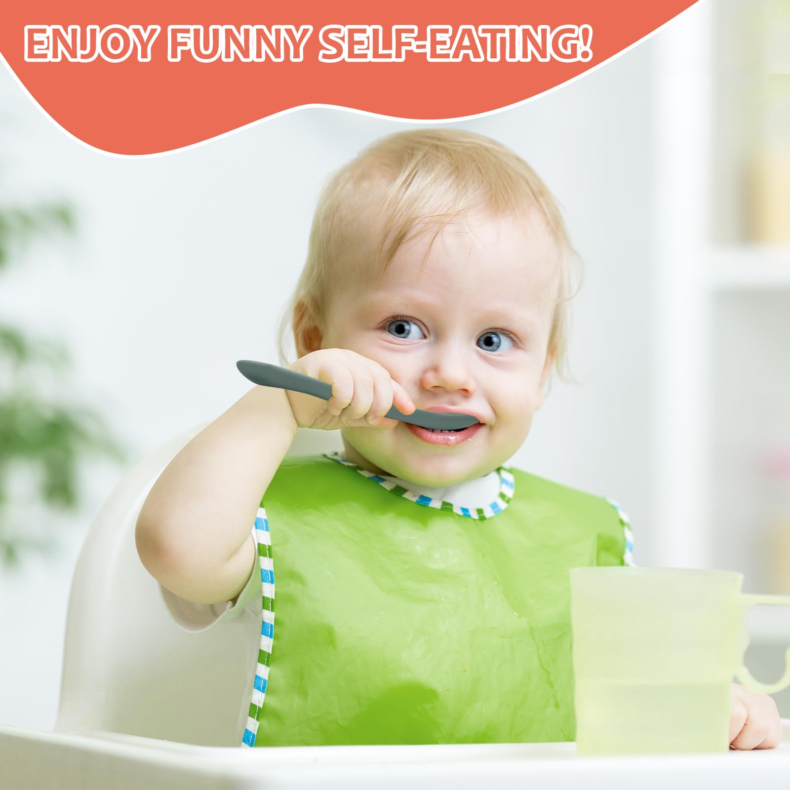 ATUERAY baby feeding spoons set in use; ergonomic handles reduce spills during feeding sessions.
