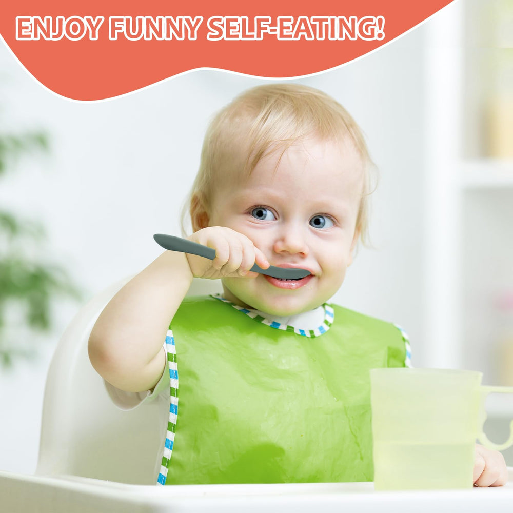ATUERAY baby feeding spoons set in use; ergonomic handles reduce spills during feeding sessions.
