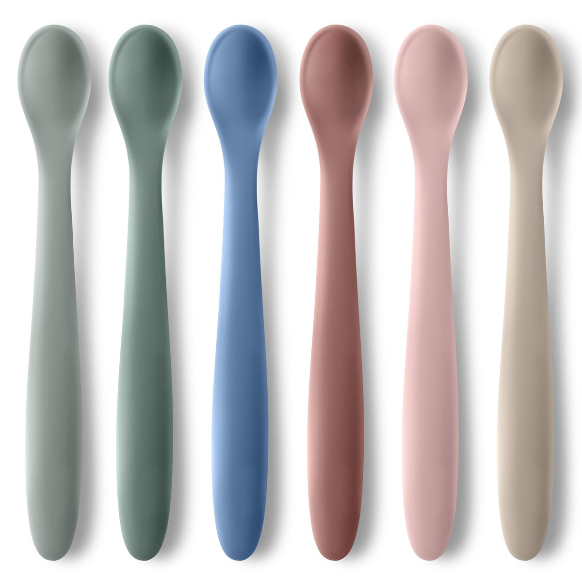 ATUERAY six-piece silicone baby spoons for first stage feeding with gentle tips and easy grip for tiny hands during feeding.