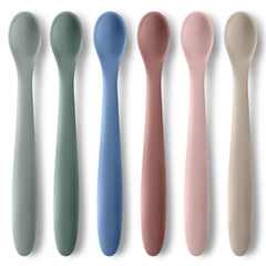 ATUERAY six-piece silicone baby spoons for first stage feeding with gentle tips and easy grip for tiny hands during feeding.