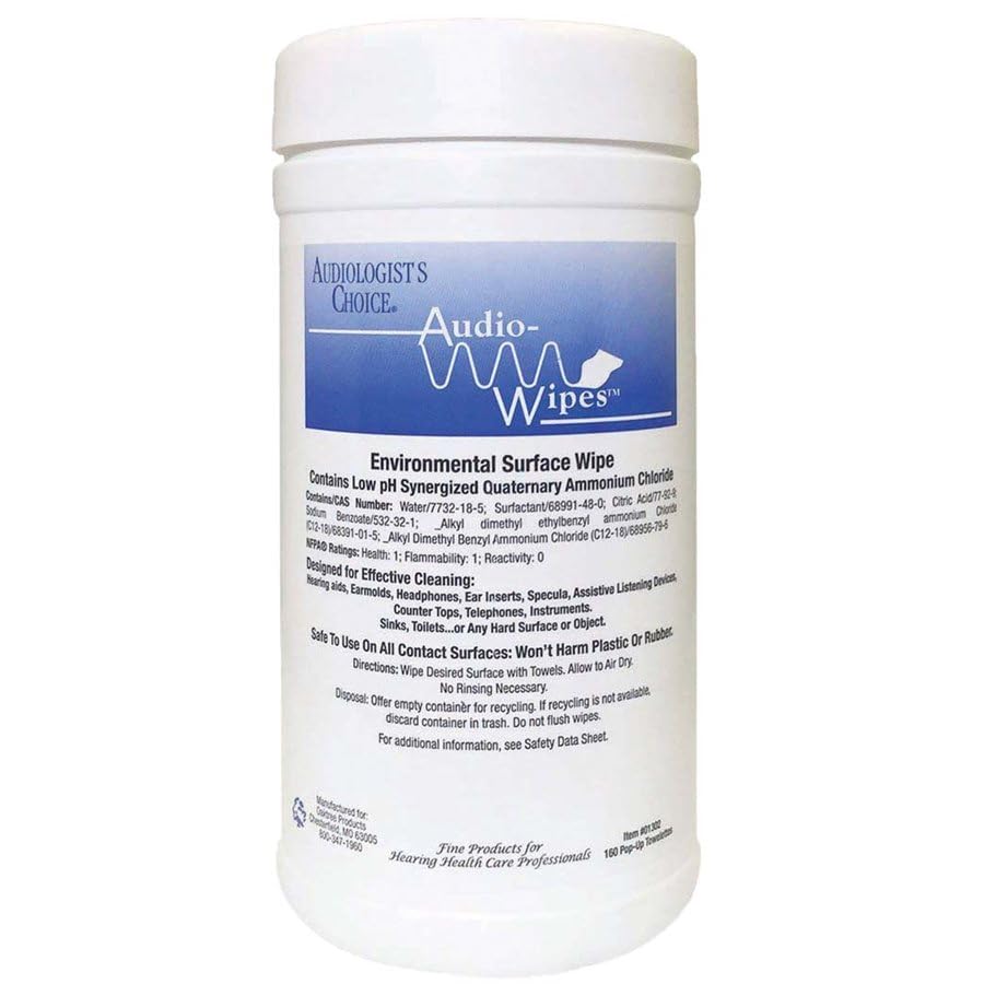 AUDIOLOGIST'S CHOICE Audio-Wipes in dispensing box for quick electronics cleaning