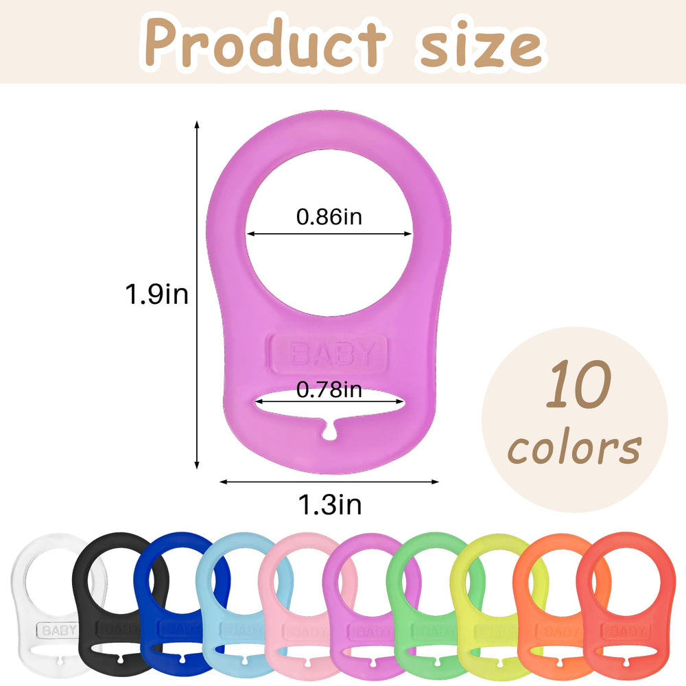 AUEAR pacifier adapter rings in colors displayed beside pacifier for quick color coordination.