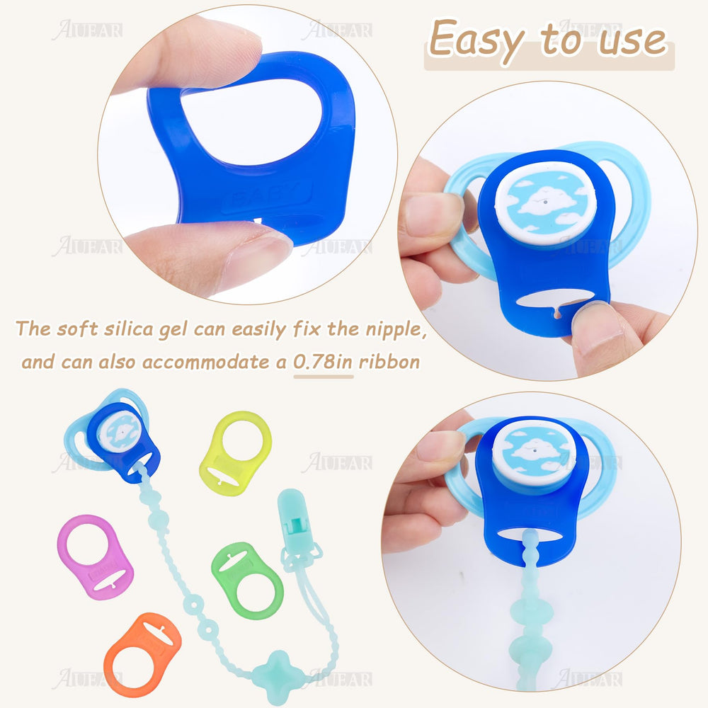 AUEAR pacifier adapter rings on pacifier demonstrates secure attachment for on-the-go moments.