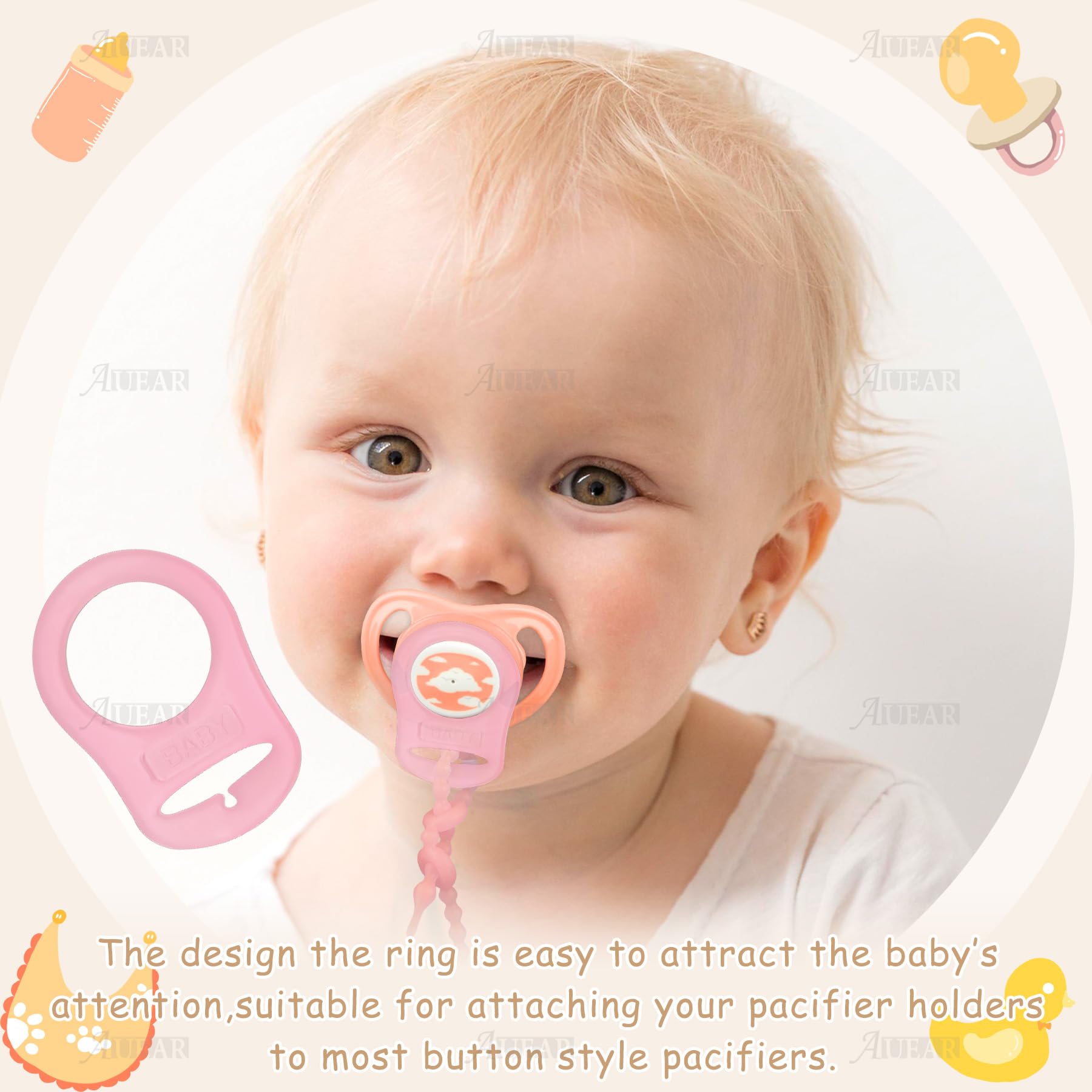 AUEAR rings attach to blankets for secure pacifier access in stroller moments.