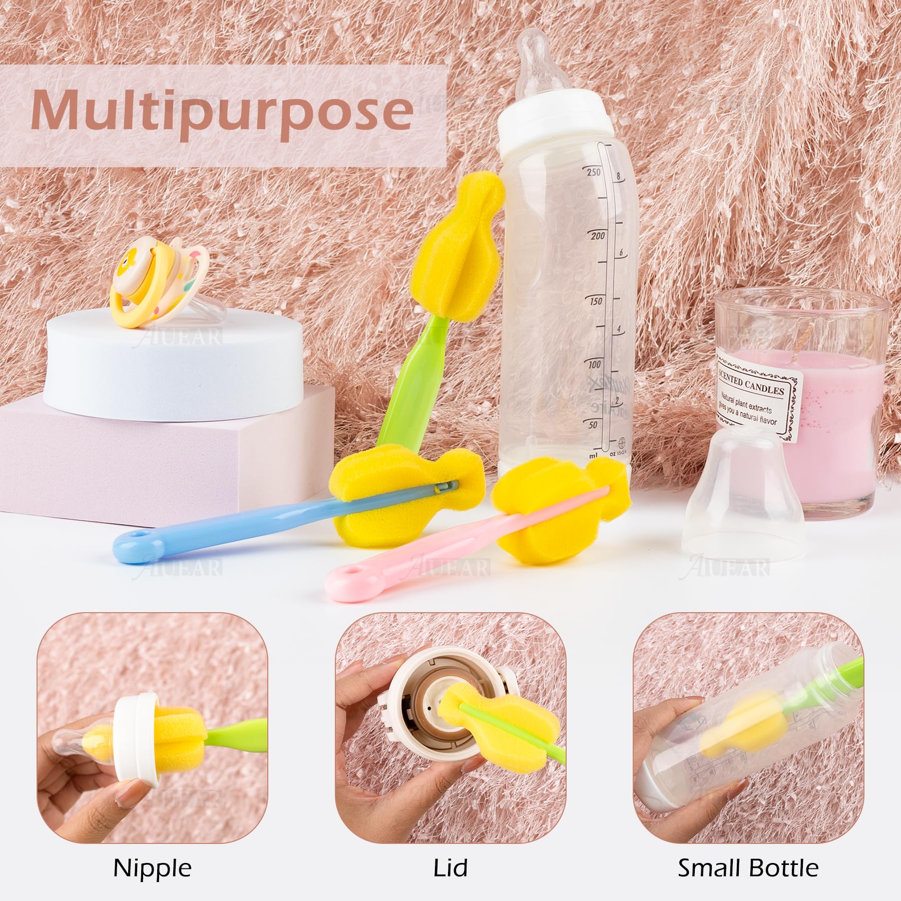 AUEAR pacifier sponge brush pink with high-density sponge for effective cleaning