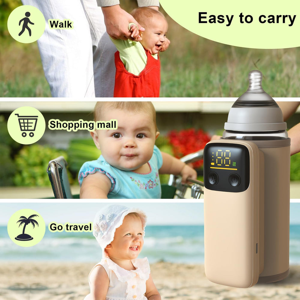 AUGARDEN bottle warmer demonstrates bottle diameter compatibility for various sizes.