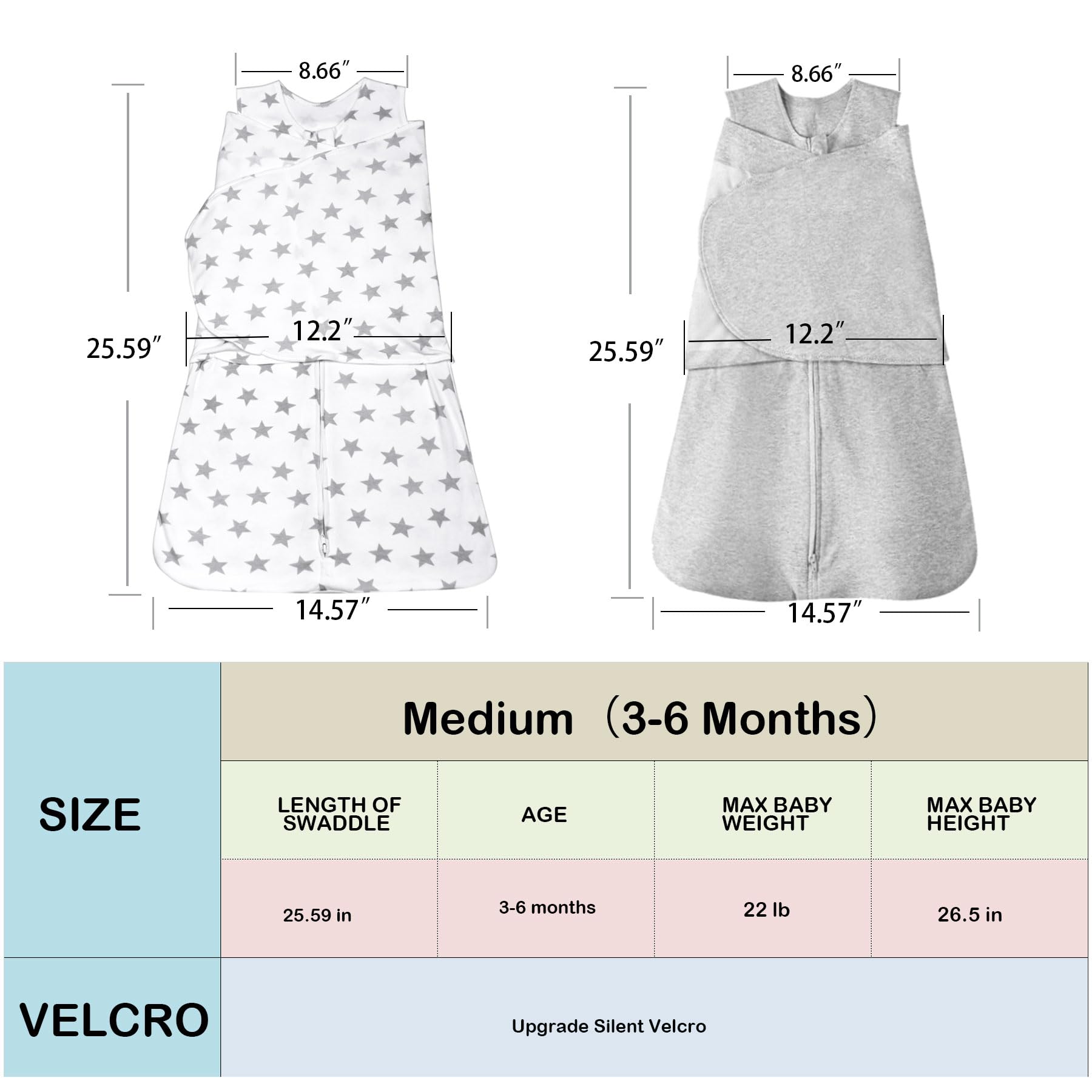 AugTwig medium size 12-18 lbs fits 3-6 month olds for secure swaddling.