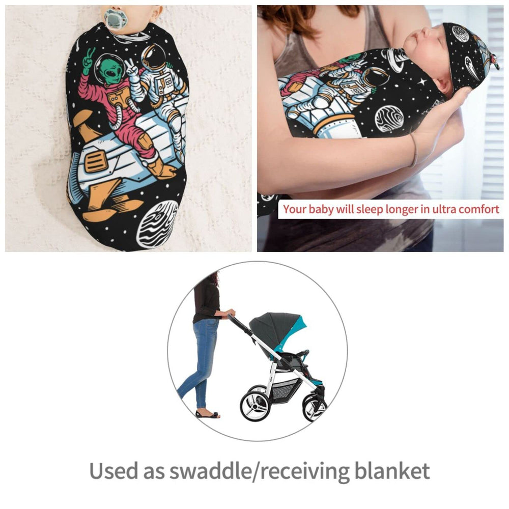 AuHomea astronaut-alien print swaddle highlights playful design for photos.