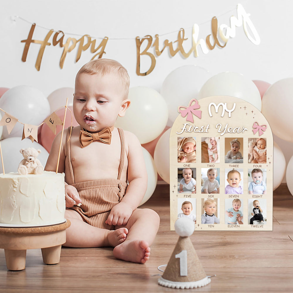 Aukolass Bow One Year Photo Board desk display on shelf or dresser.