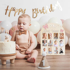 Aukolass Bow One Year Photo Board desk display on shelf or dresser.