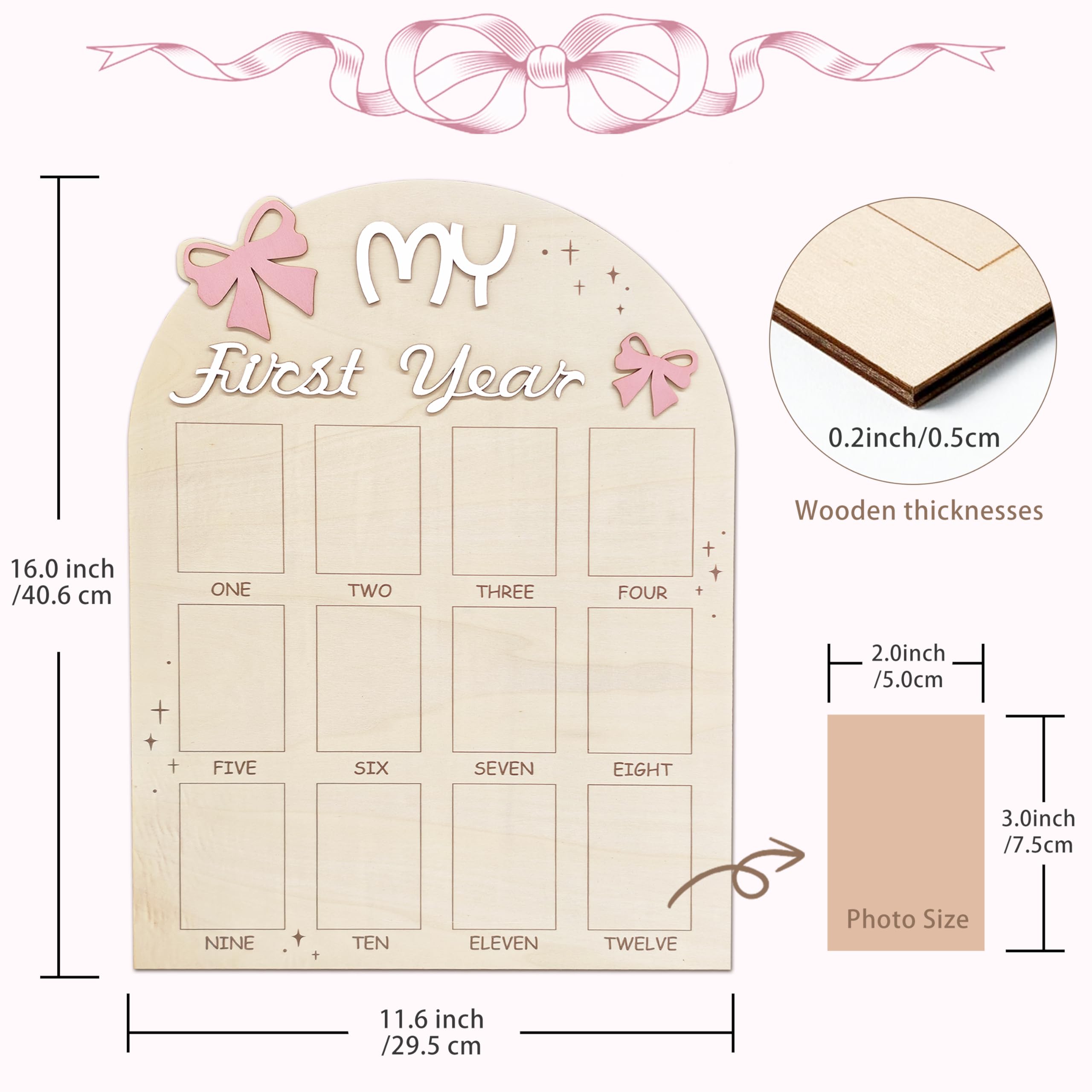 Aukolass Bow One Year Photo Board frames closeup showing 2x3 inch photo slots.