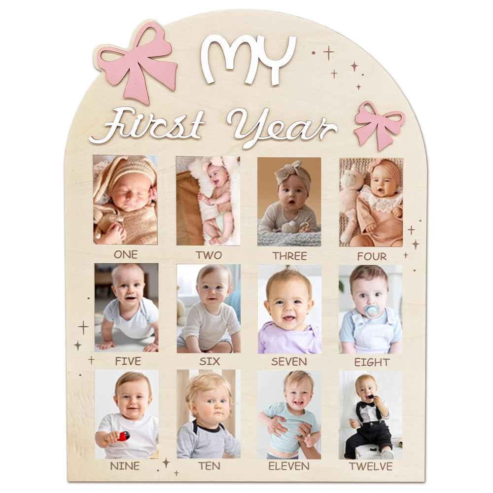 Aukolass Bow One Year Photo Board front view with twelve monthly frames for baby milestones.