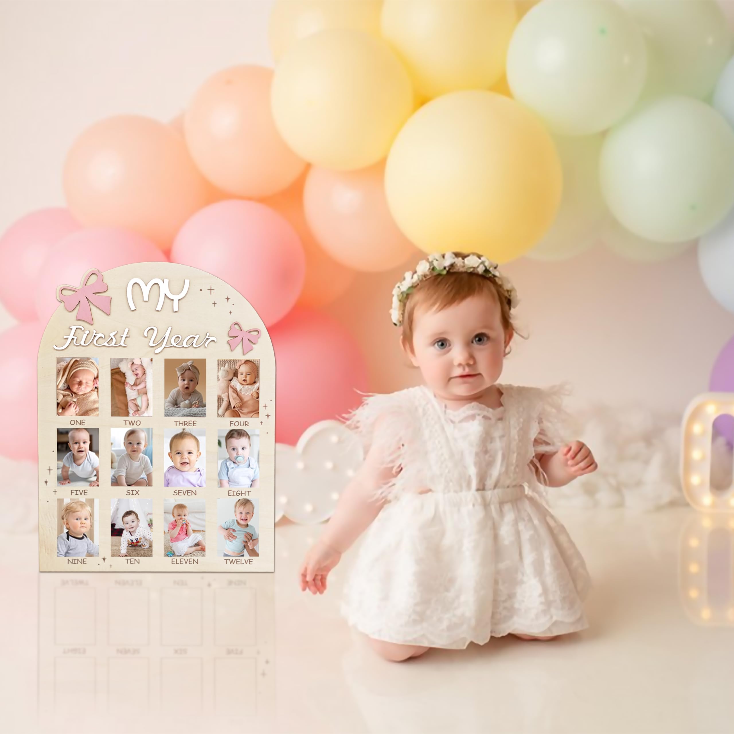 Aukolass Bow One Year Photo Board gift-ready keepsake for baby showers.