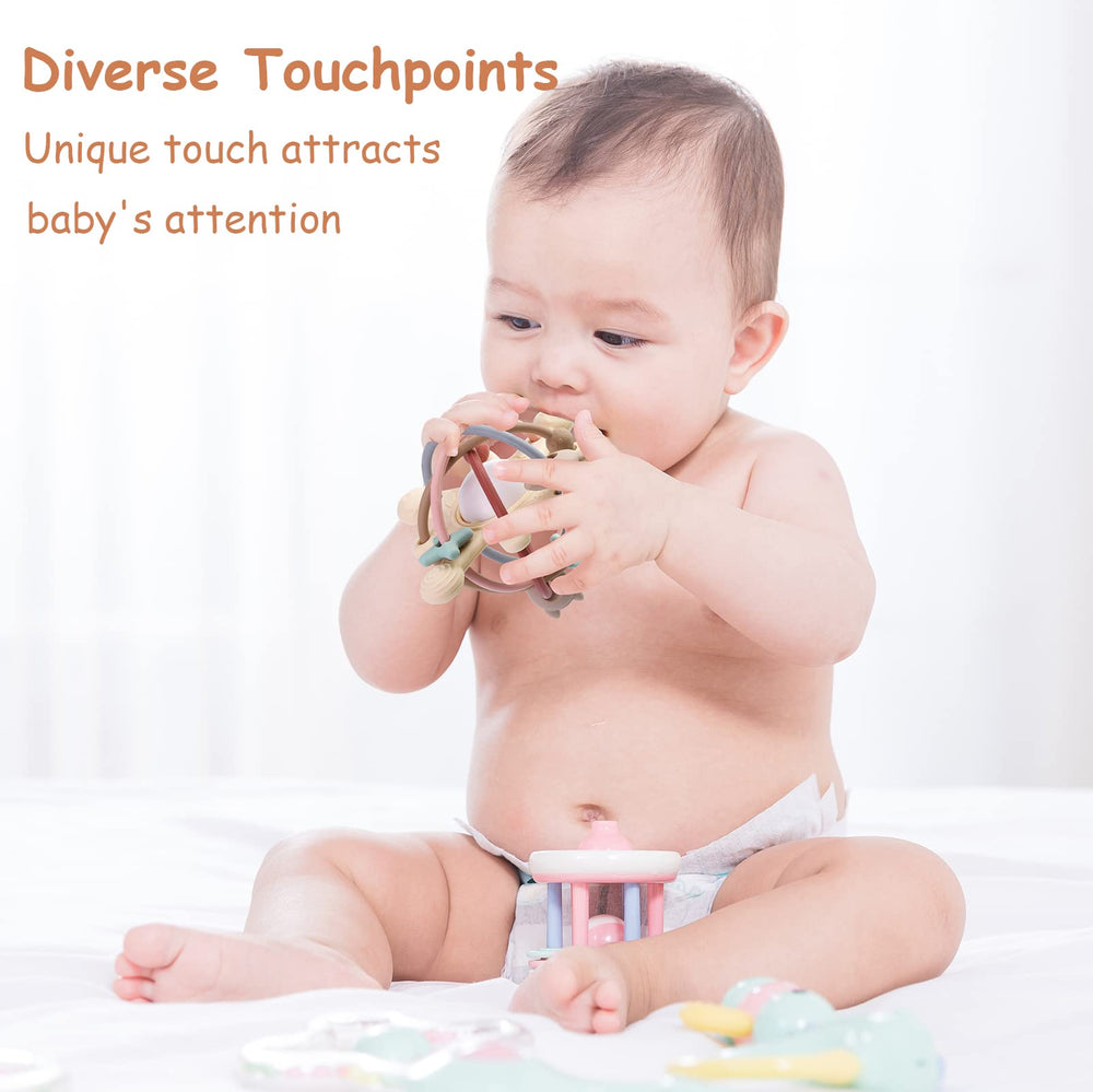 AULEGE teething toy grasp-handle design encourages tiny hands to hold.