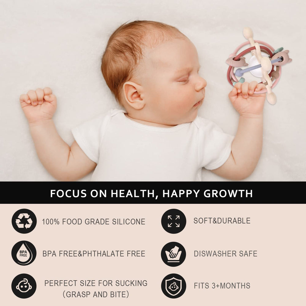 AULEGE teething toy with textured rings for improved grip and tactile exploration.