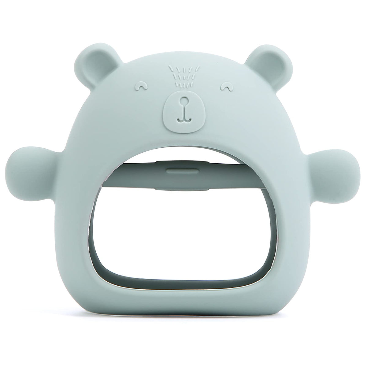 AULEGE silicone baby teether bear glove on wrist with anti-drop design for mess-free play.