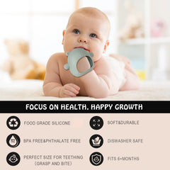 AULEGE teether close-up highlighting massage granules for gum soothing.