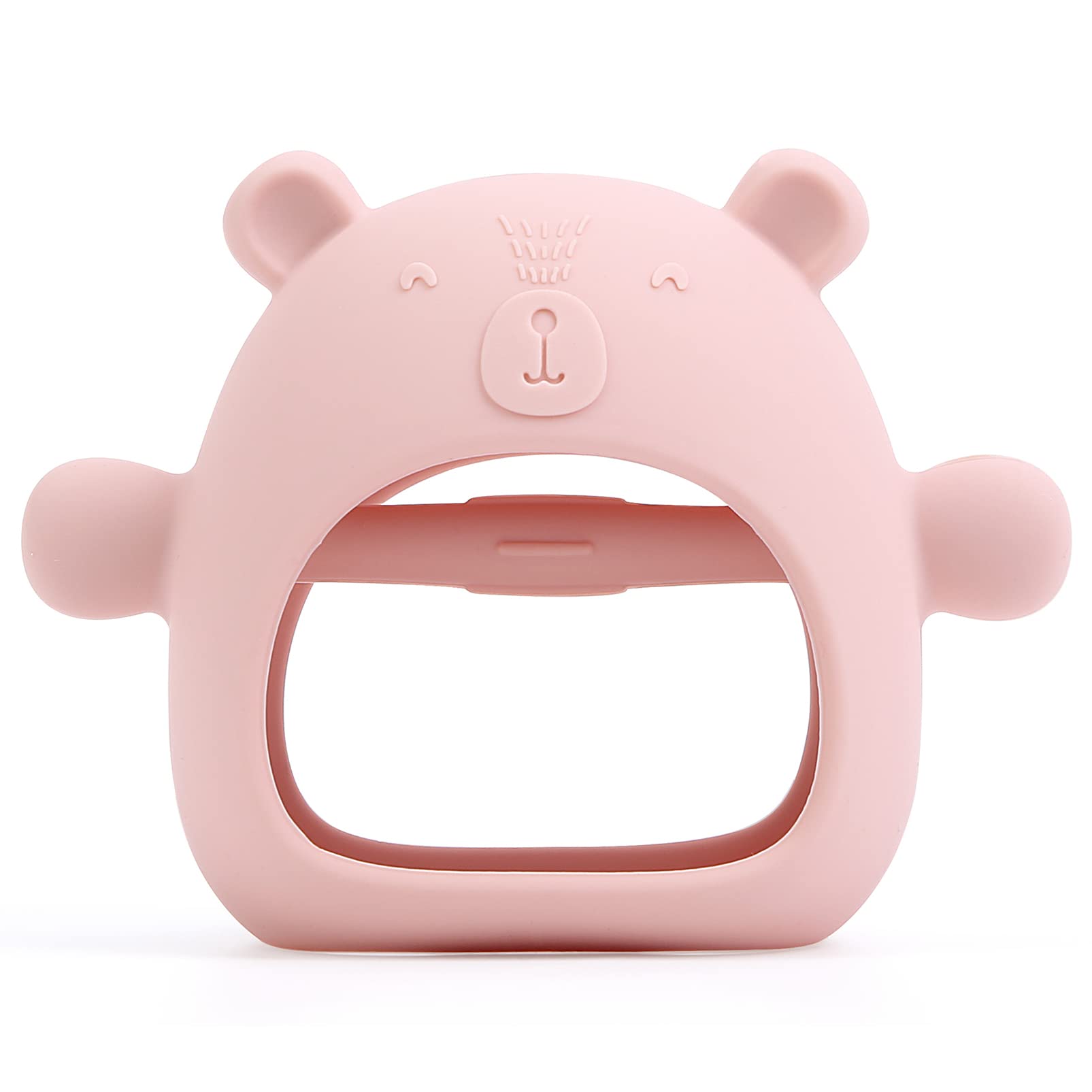 AULEGE silicone baby teether in dark pink worn on the wrist for soothing teething.