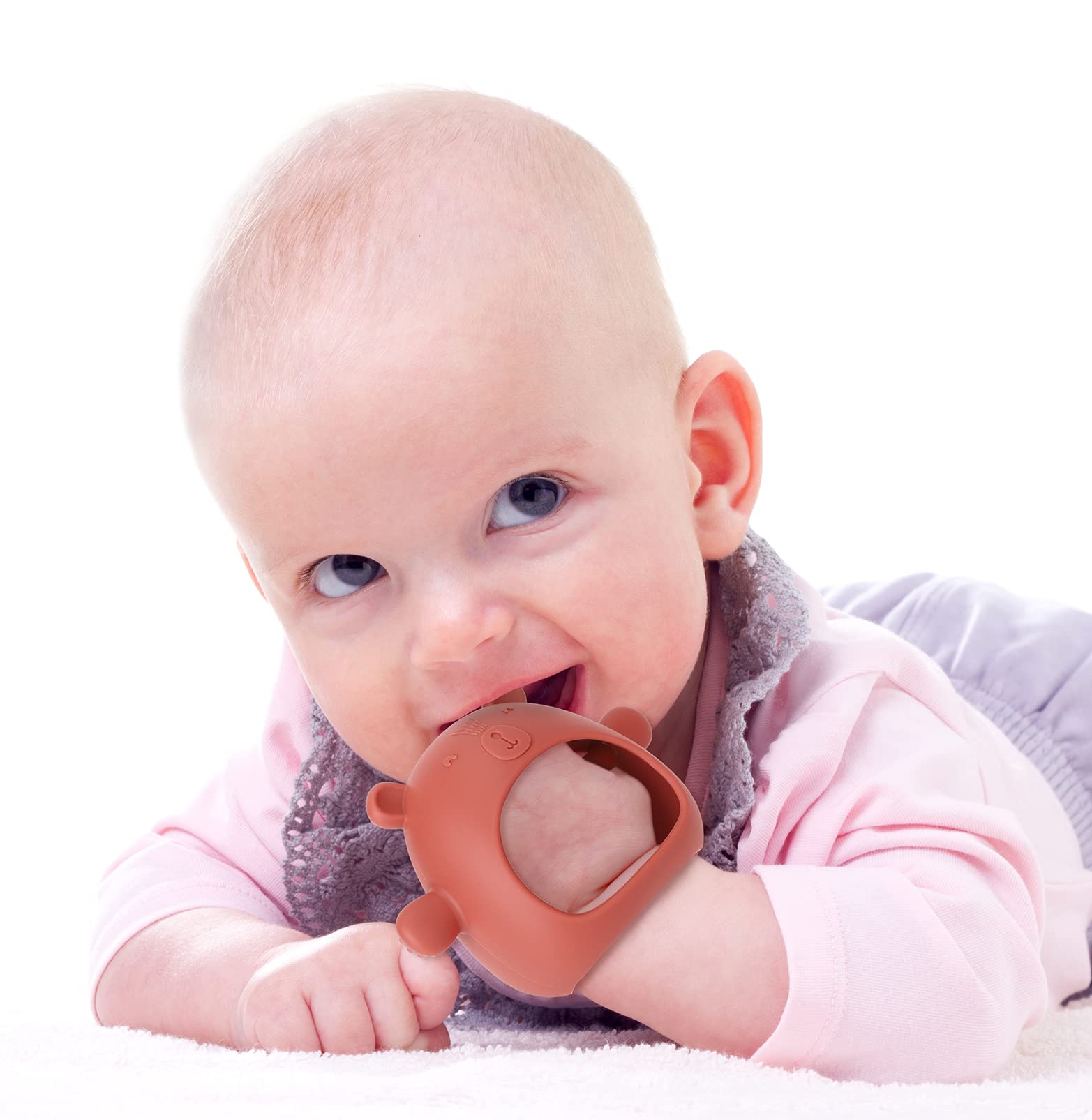 AULEGE anti-drop wrist-strap teether showing secure, mess-free play.