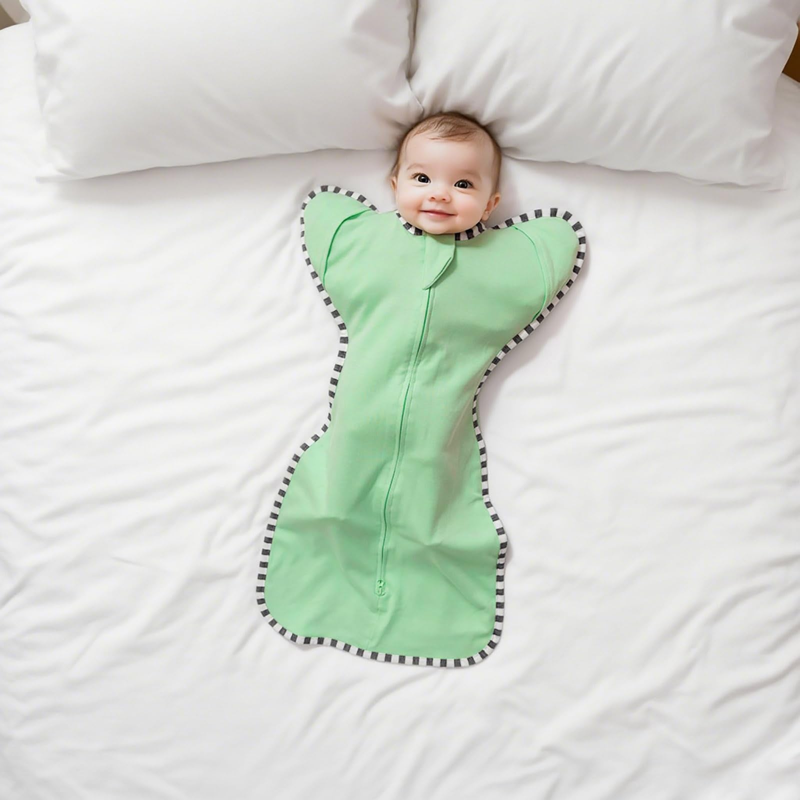 Aullar baby transition swaddle showing three-stage transition system for easy changes.