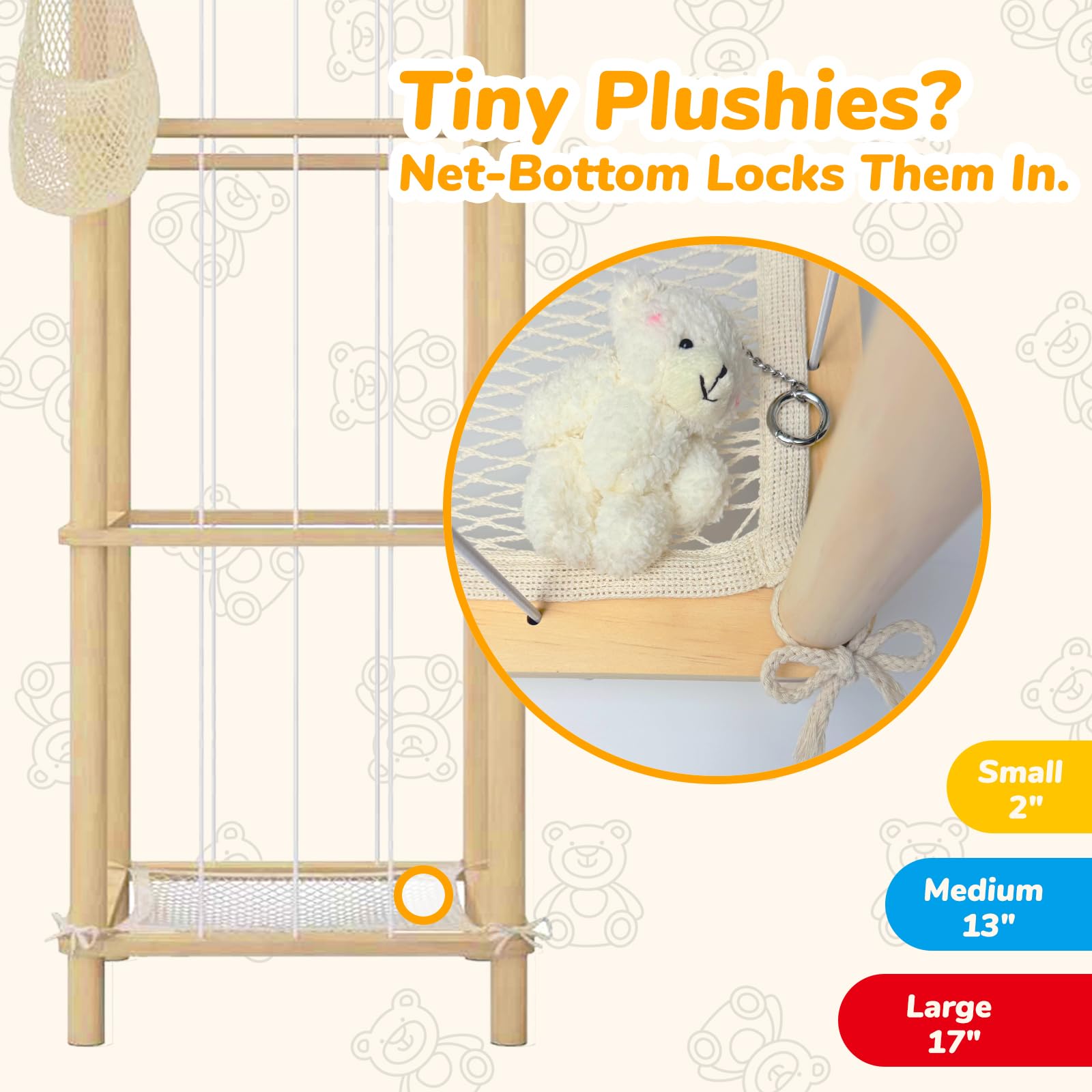 Auoleru elastic cords enable easy storage and retrieval of stuffed animals.