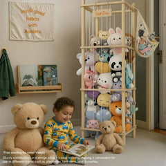 Auoleru storage tower with mesh bottom helps prevent spills and keeps plush toys tidy.