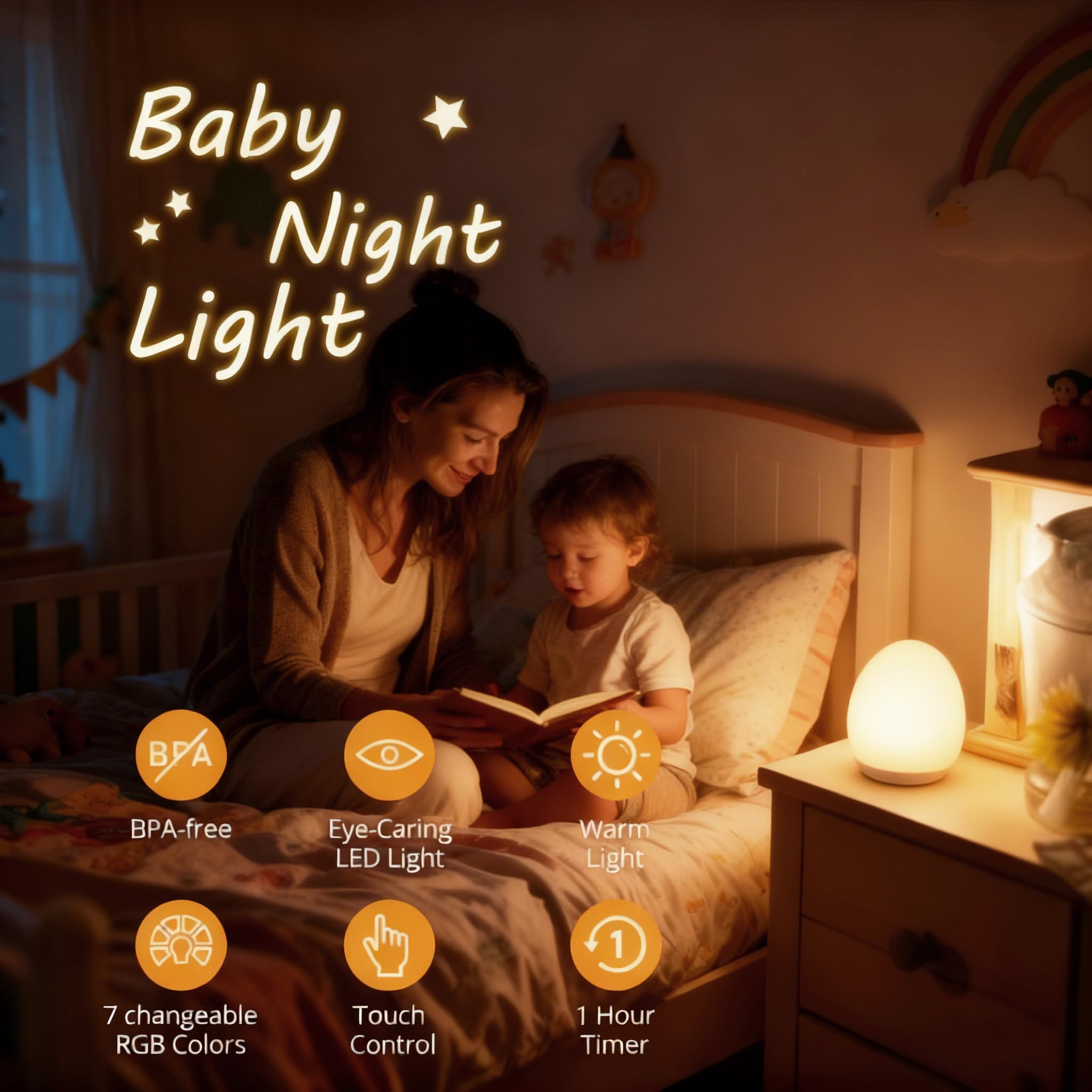 AuroraNiteBeam egg night light with RGB colors offers mood lighting for bedtime.