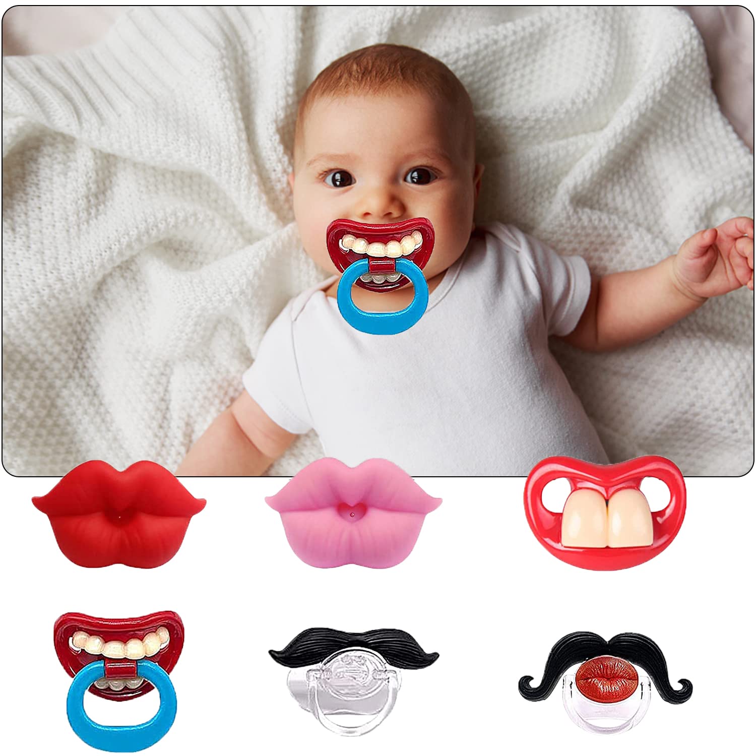 Austuff 6pc pacifier set with lips and mustache for playful soothing.