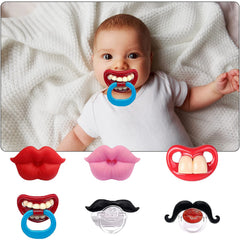 Austuff 6pc pacifier set with lips and mustache for playful soothing.