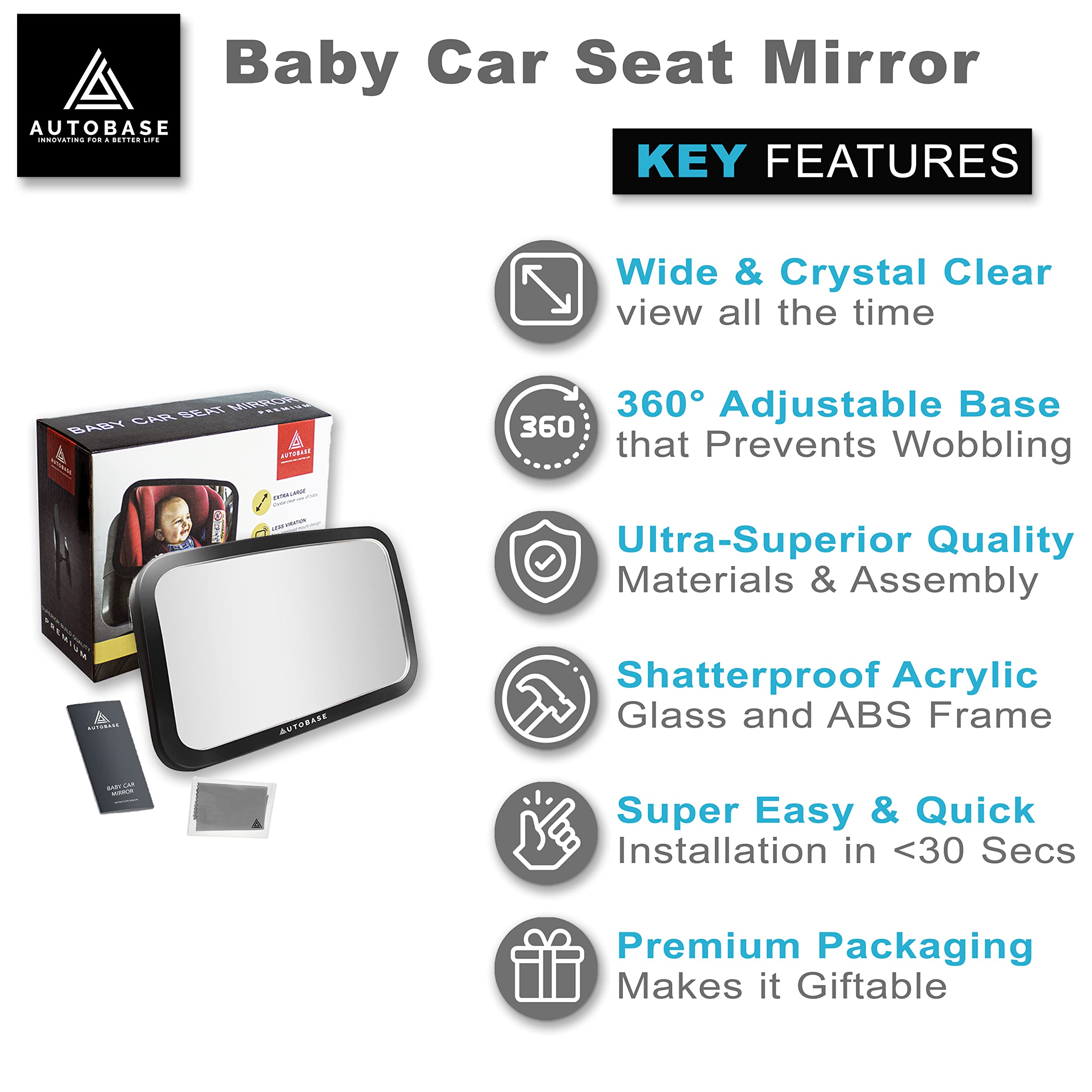 Autobase Baby Car Mirror 360-rotatable base for perfect angle adjustment
