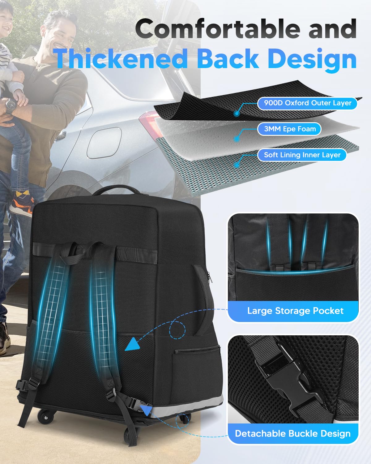 Automiim car seat travel bag offers backpack mode for stairs and buses.