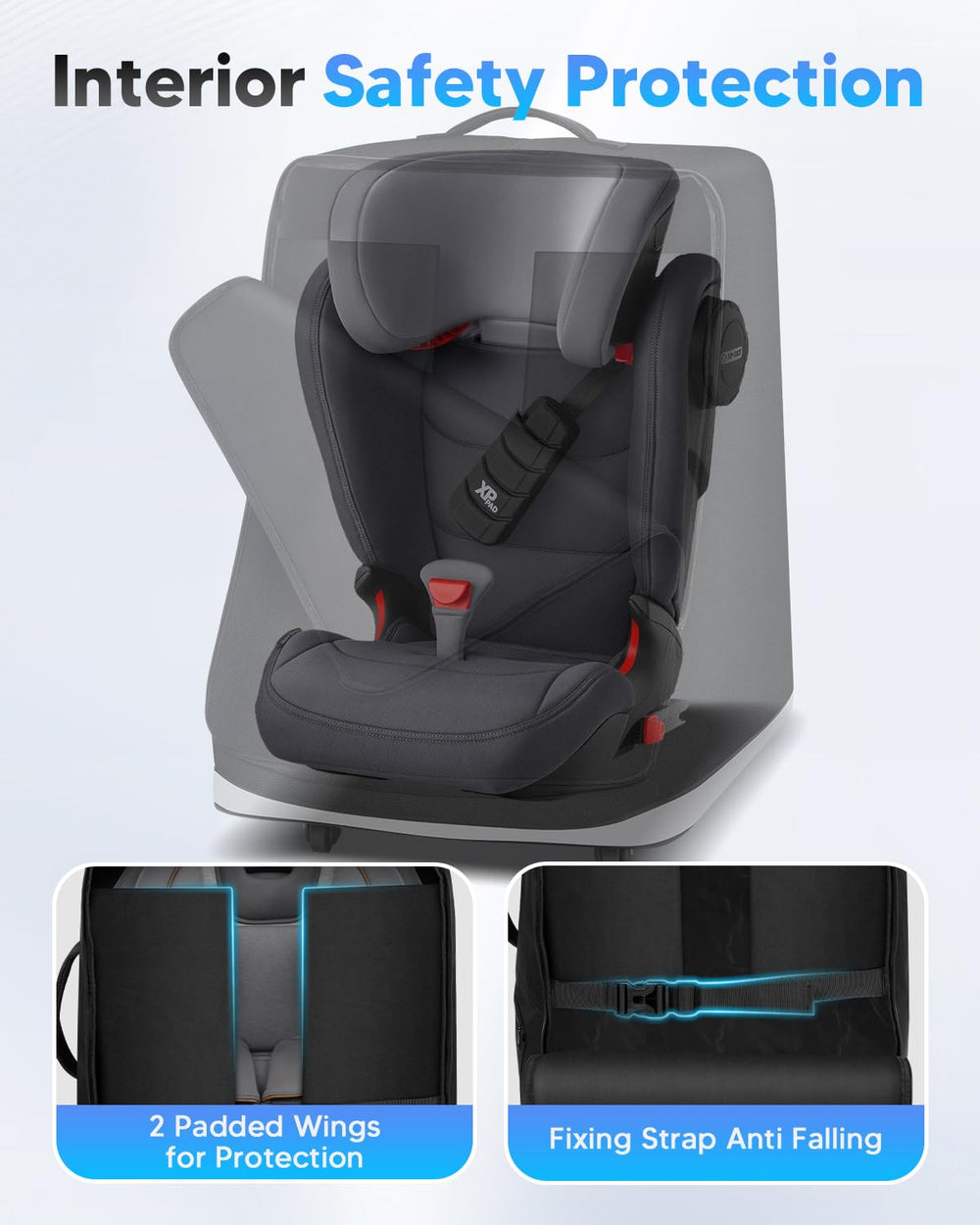Automiim car seat travel bag features dual inner padded wings to cushion during handling.