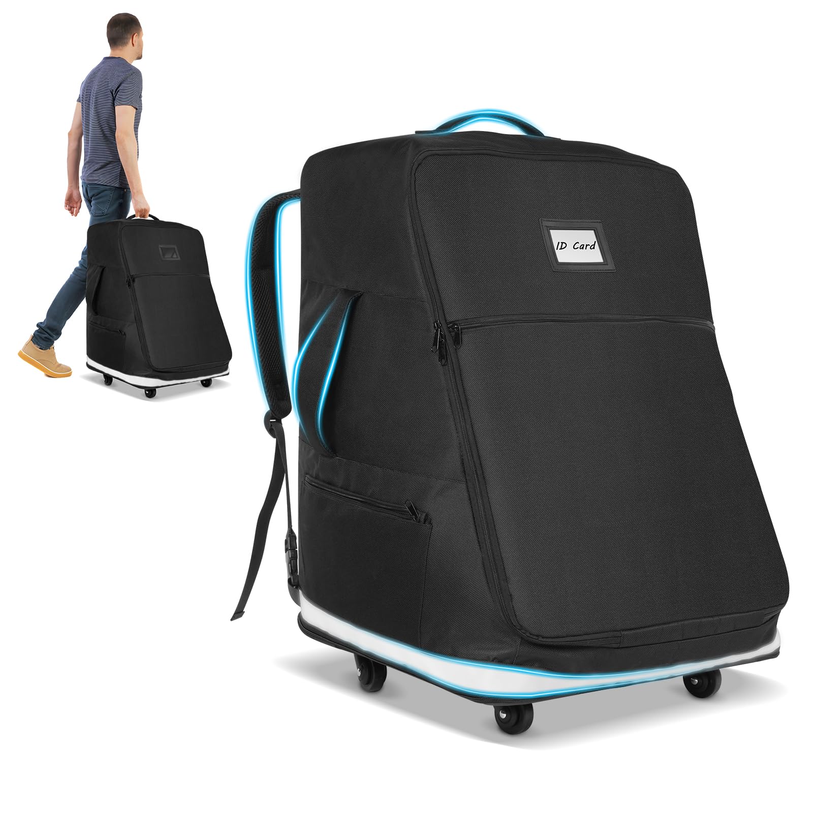 Automiim car seat travel bag with extendable height for flexible packing on trips.