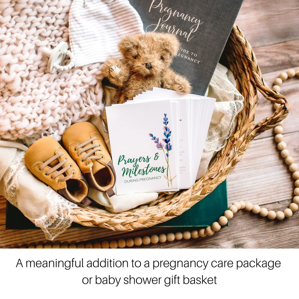 Autumn & Annie Pregnancy Prayer Cards Week 28 card on coffee table supports calm anticipation