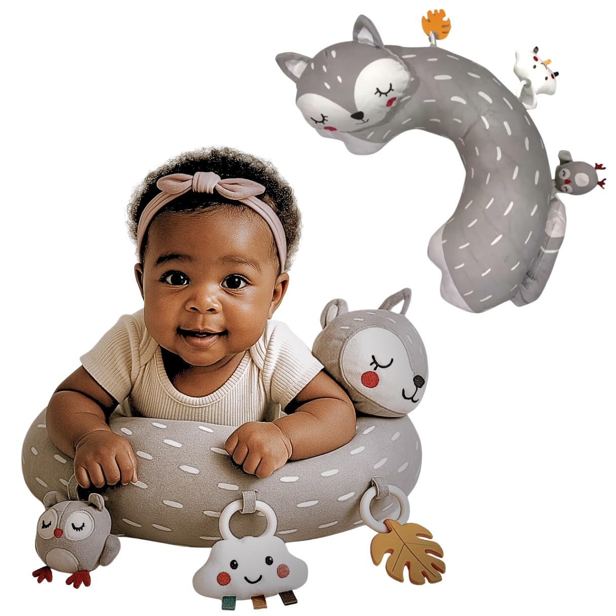 Autumn Bliss Co Tummy Time Pillow Gray Fox closeup fabric for soft breathable comfort