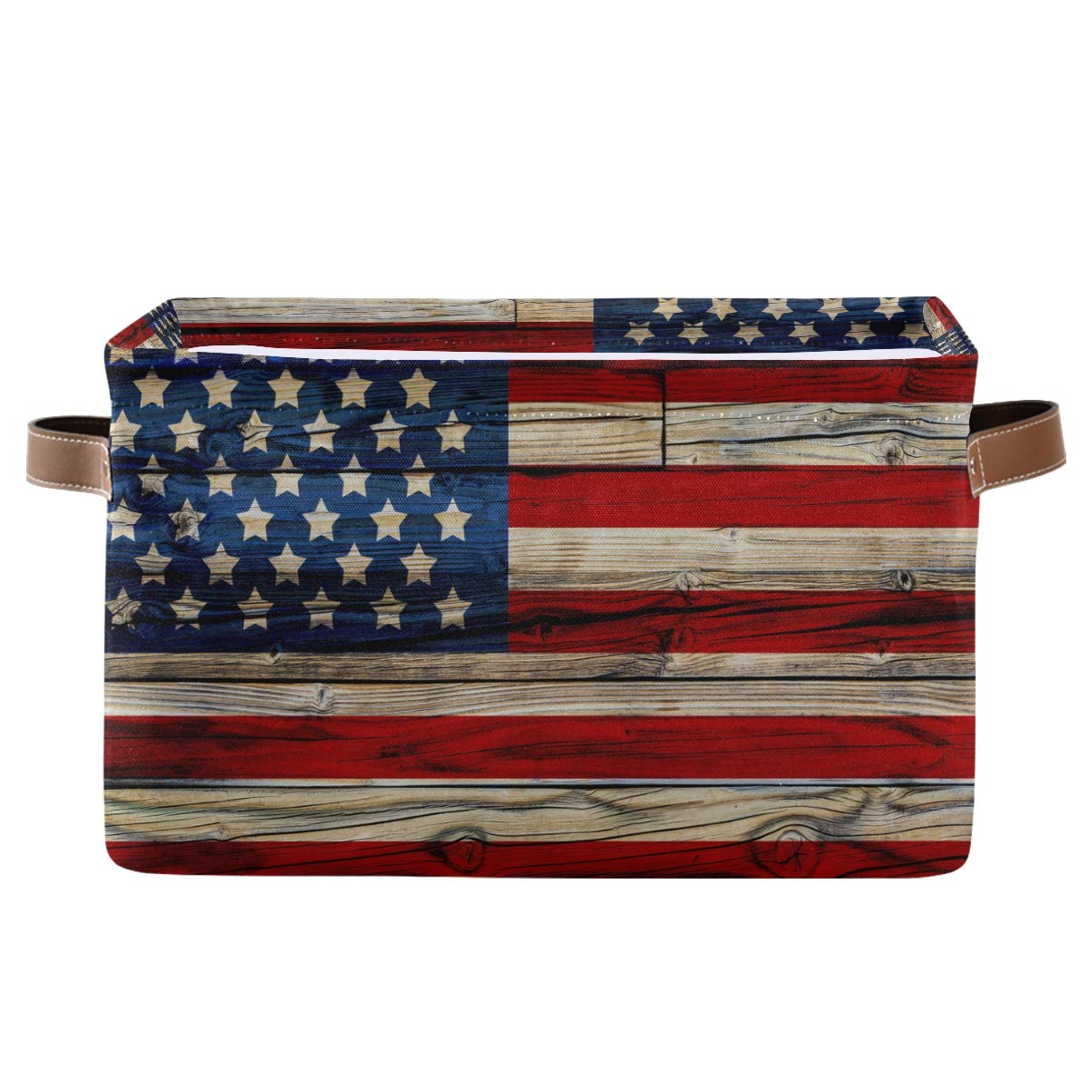 AUUXVA American Flag Patriotic Basket front view with leather handles for easy transport.