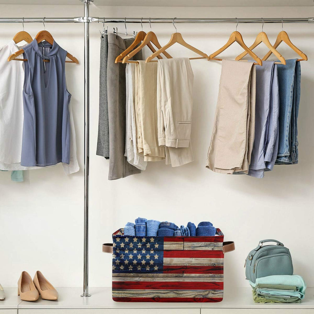 AUUXVA American Flag Patriotic Basket durable leather handles for easy carrying.