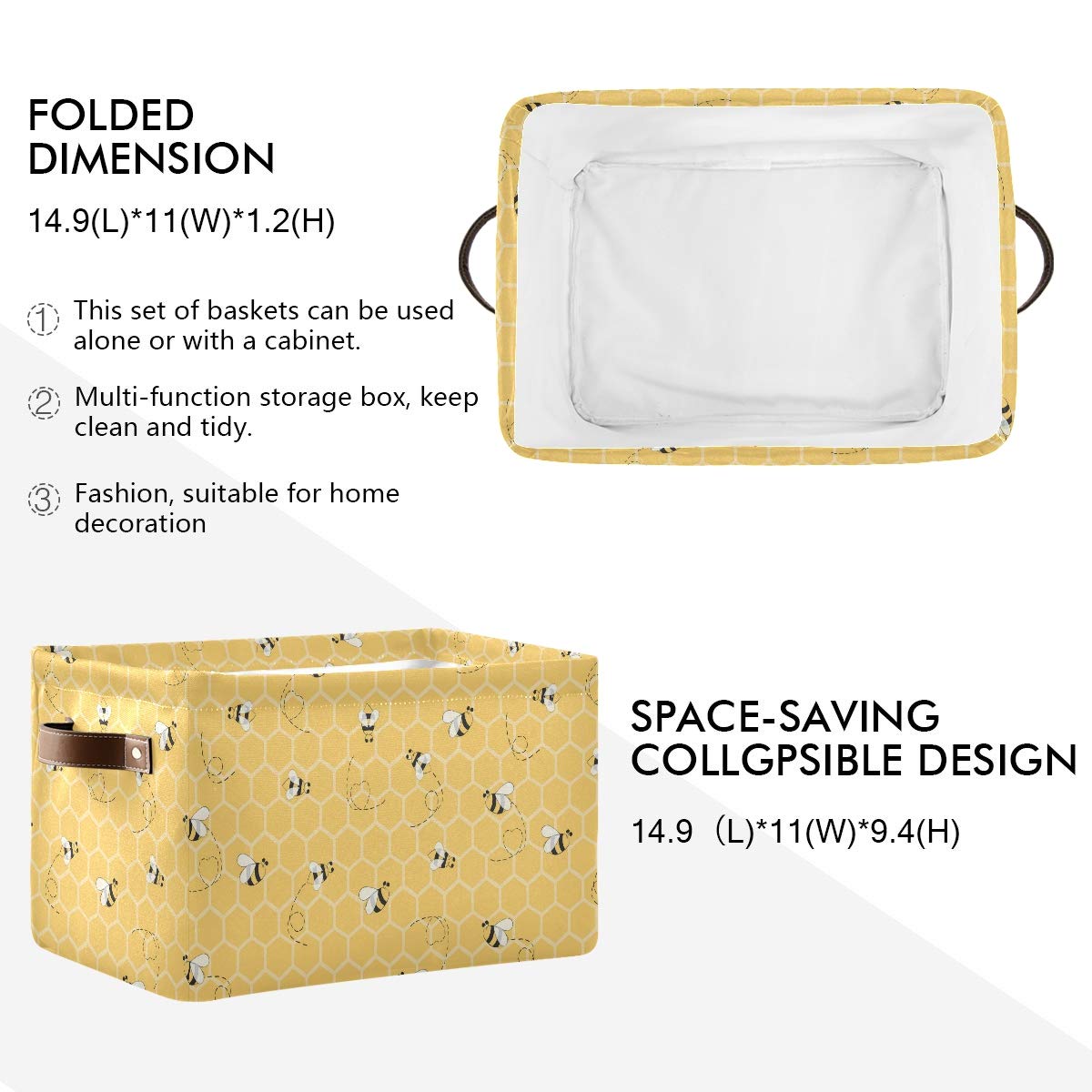AUUXVA storage basket cube yellow with PU leather handles for easy transport.