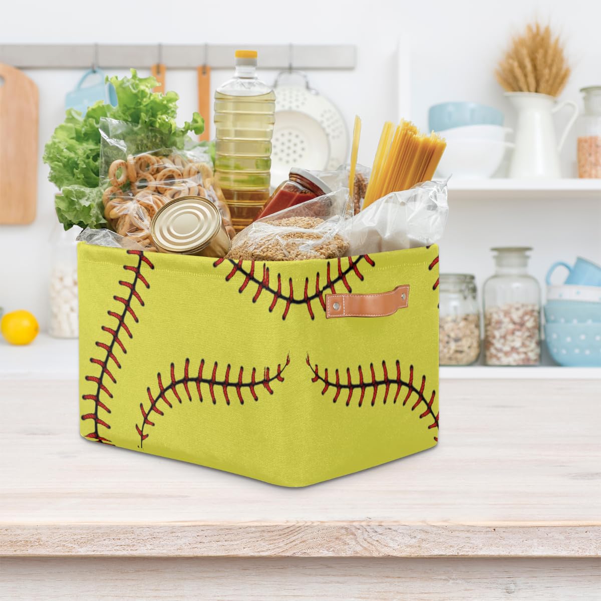 AUUXVA Yellow Baseball Storage Basket in kids room stores toys and crafts