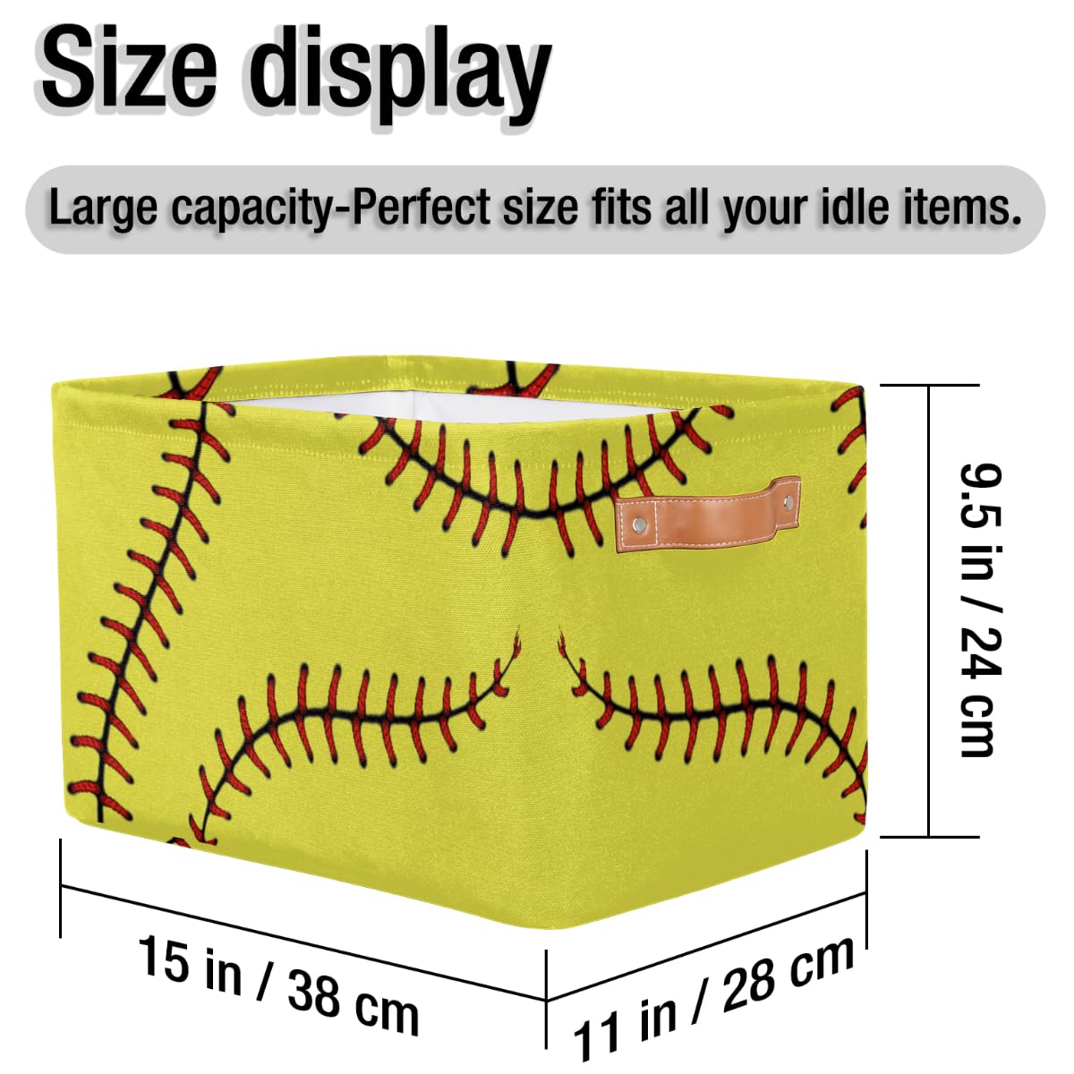AUUXVA Yellow Baseball Storage Basket side view with handle enhances easy shelf access
