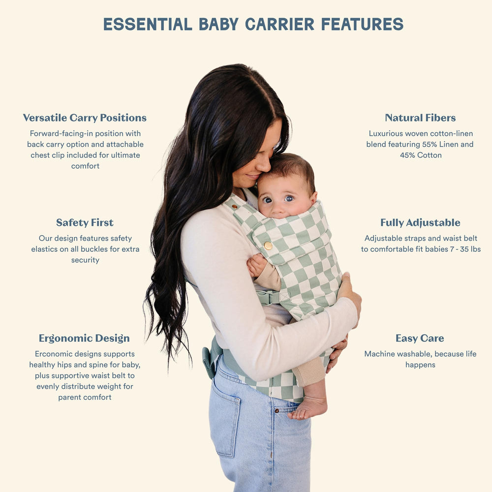 Ava & Oliver Essential Baby Carrier back carry olive checker enables secure toddler wear.