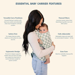 Ava & Oliver Essential Baby Carrier back carry olive checker enables secure toddler wear.