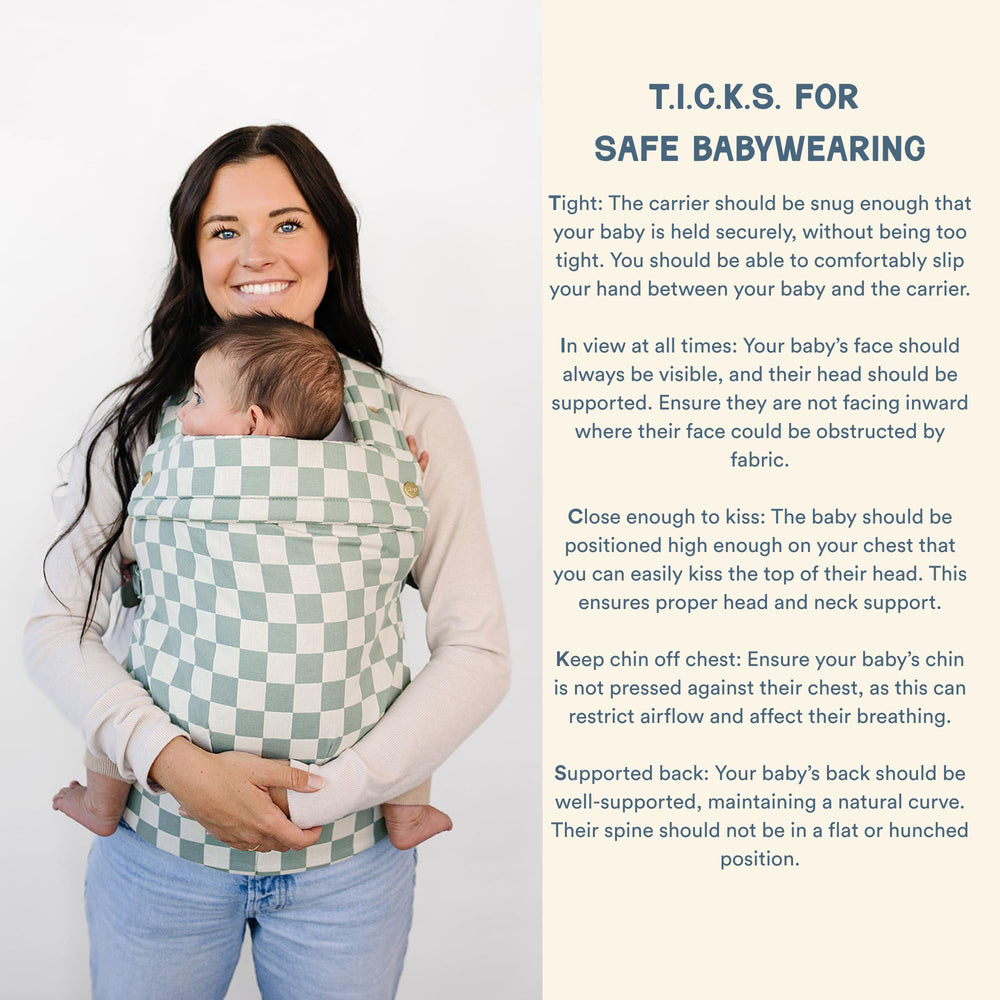 Ava & Oliver Essential Baby Carrier boxed gift olive checker packaging ready for baby shower.