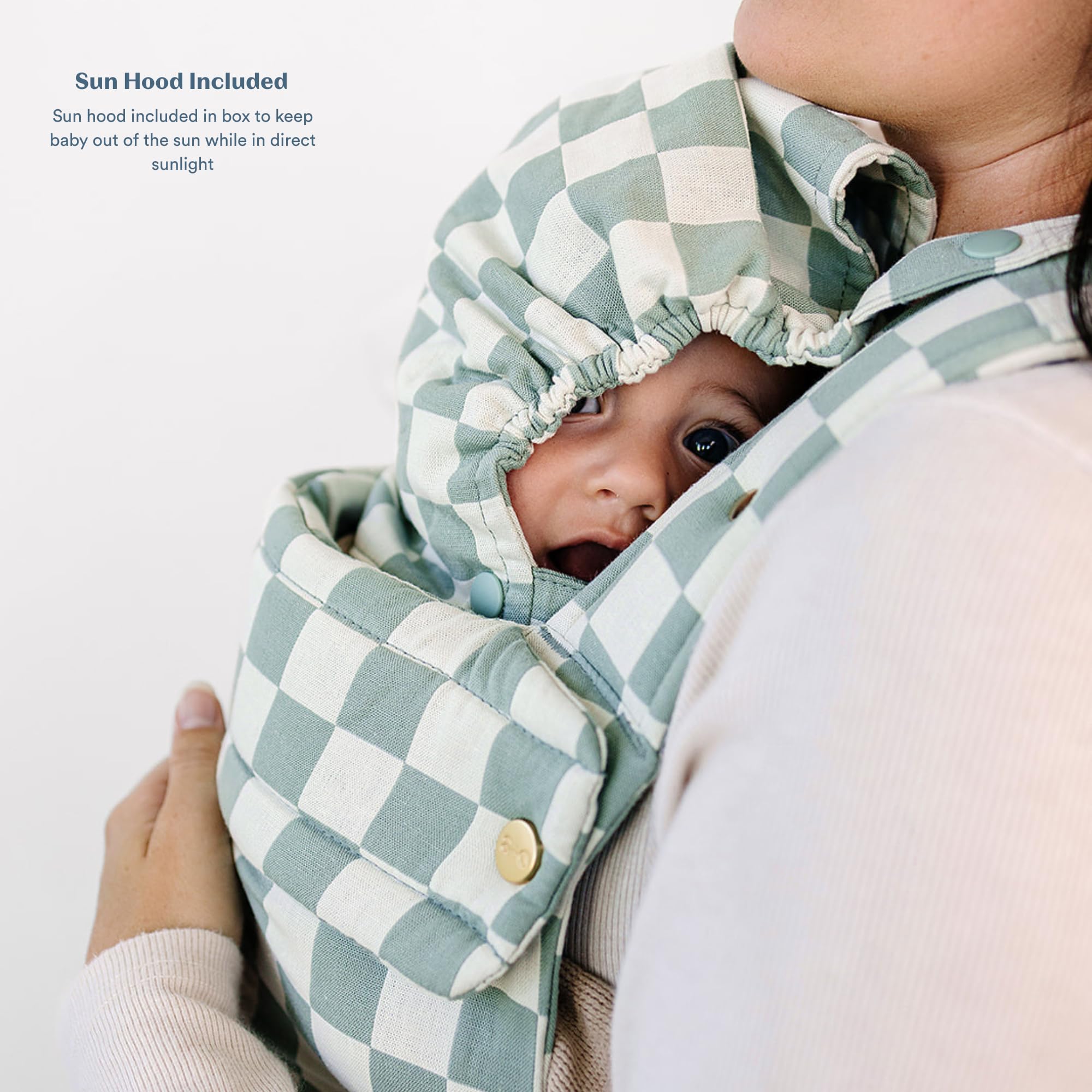 Ava & Oliver Essential Baby Carrier ergonomic straps olive checker provide comfortable adjustable support.
