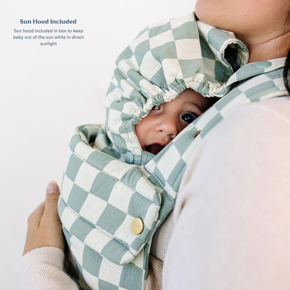 Ava & Oliver Essential Baby Carrier ergonomic straps olive checker provide comfortable adjustable support.