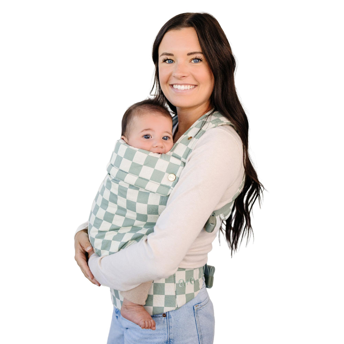 Ava & Oliver Essential Baby Carrier front carry olive checker supports hands-free outings.