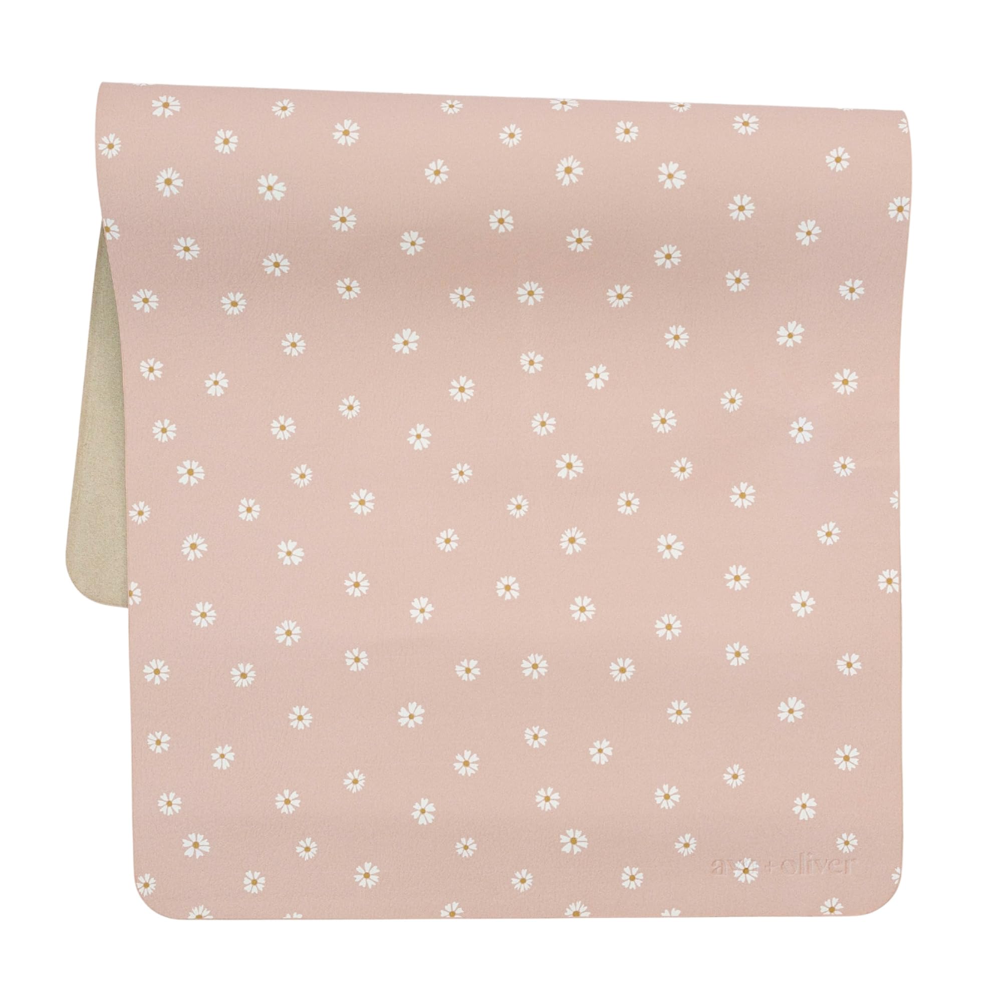 Ava + Oliver pink daisies changing mat laid flat for quick diaper changes.